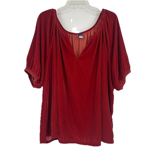Old Navy Velvet Top Blouse Red Short Balloon Sleeves Peasant Split Neck Size 2X - Picture 1 of 8
